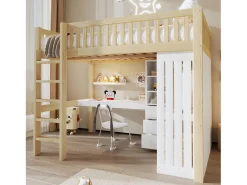 Cama mezanino 140x200cm - con escrivaninha + armário - con 3 gavetas - con escada - natural​ (colchão não incluído)