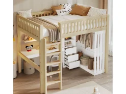 Cama mezanino 140x200cm - con escrivaninha + armário - con 3 gavetas - con escada - natural​ (colchão não incluído)