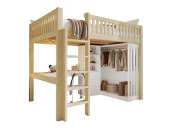 Cama mezanino 140x200cm - con escrivaninha + armário - con 3 gavetas - con escada - natural​ (colchão não incluído)