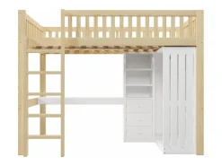 Cama mezanino 140x200cm - con escrivaninha + armário - con 3 gavetas - con escada - natural​ (colchão não incluído)