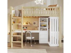 Cama mezanino 90x200cm - con escrivaninha + armário - con 3 gavetas - con escada - natural​ (colchão não incluído)