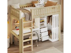 Cama mezanino 90x200cm - con escrivaninha + armário - con 3 gavetas - con escada - natural​ (colchão não incluído)
