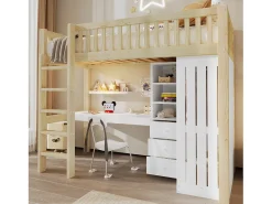 Cama mezanino 90x200cm - con escrivaninha + armário - con 3 gavetas - con escada - natural​ (colchão não incluído)