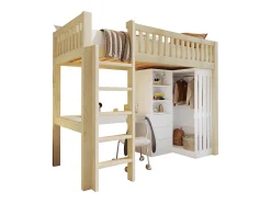 Cama mezanino 90x200cm - con escrivaninha + armário - con 3 gavetas - con escada - natural​ (colchão não incluído)
