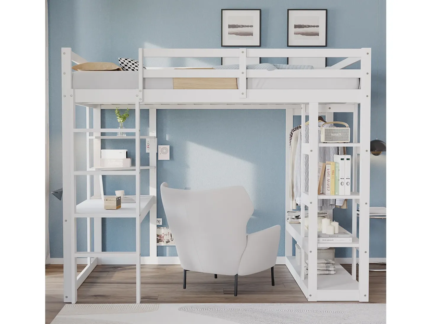 Cama mezzanine infantil 140x200cm - com escada - com mesa - com cabide simples - branco (colchão não incluído)