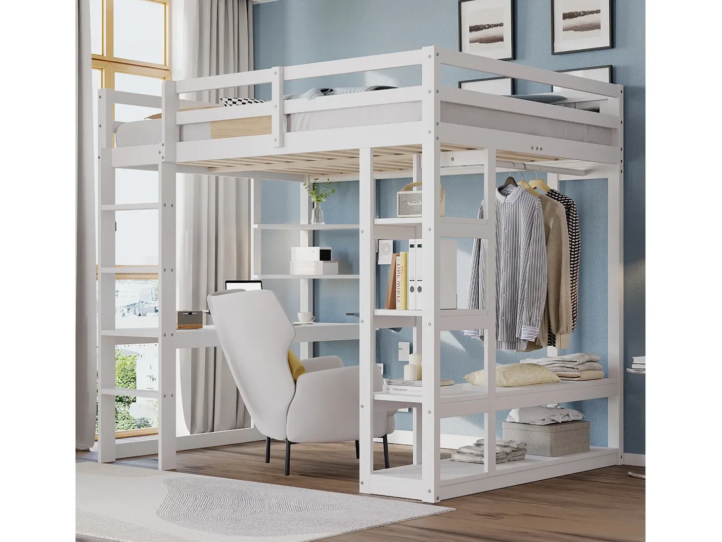Cama mezzanine infantil 140x200cm - com escada - com mesa - com cabide simples - branco (colchão não incluído)
