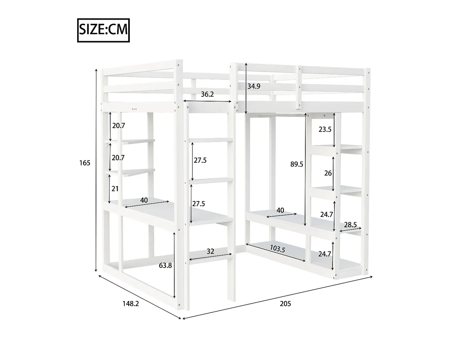 Cama mezzanine infantil 140x200cm - com escada - com mesa - com cabide simples - branco (colchão não incluído)