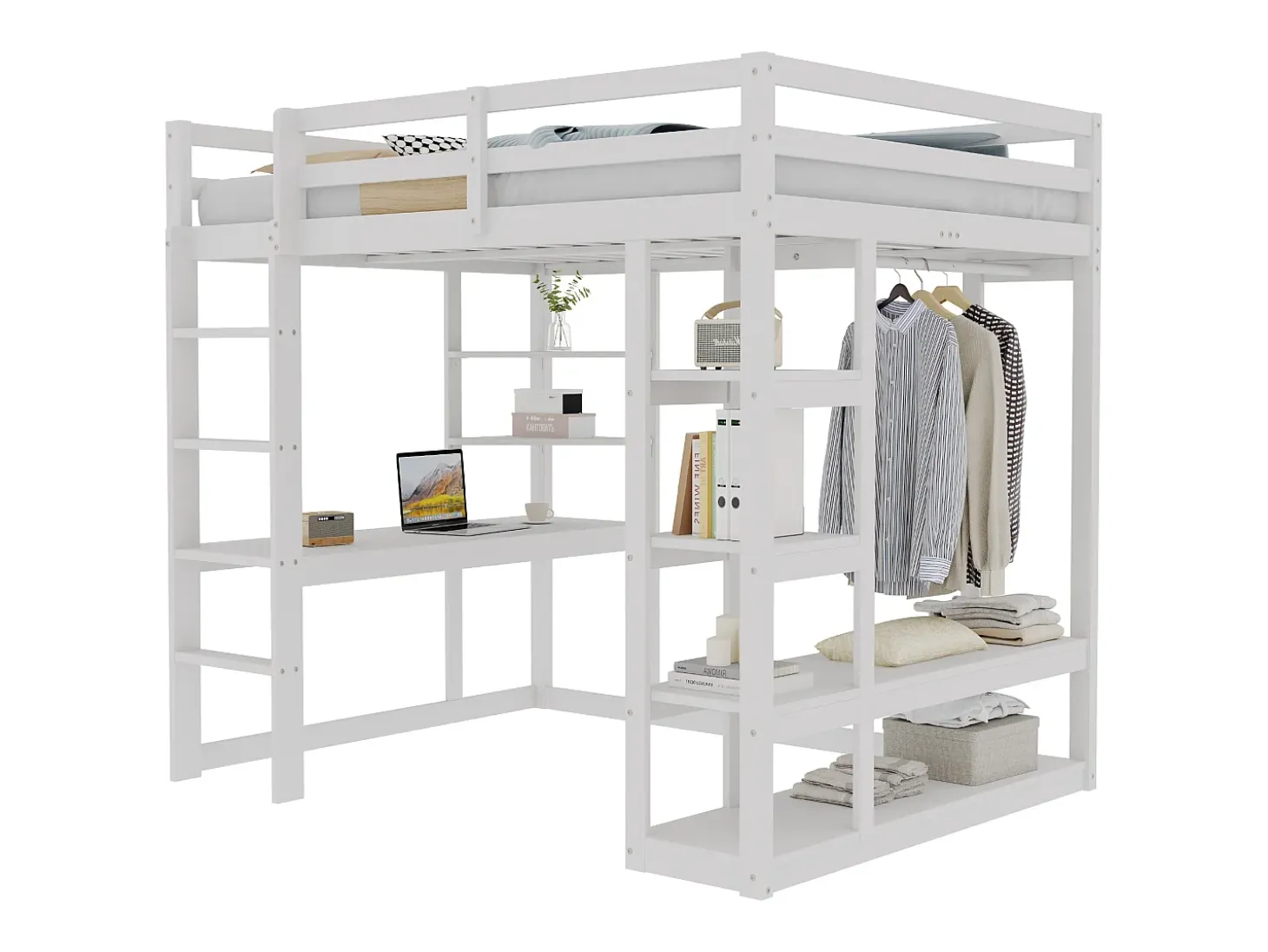Cama mezzanine infantil 140x200cm - com escada - com mesa - com cabide simples - branco (colchão não incluído)