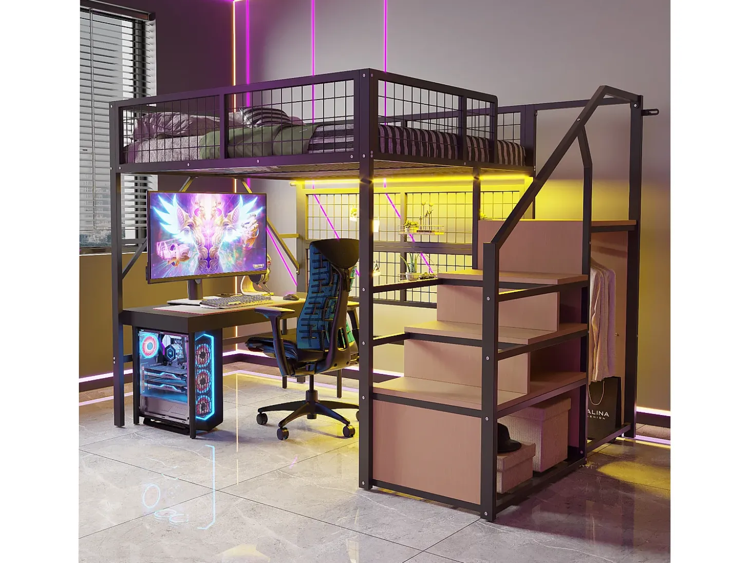 Cama mezzanine 140x200 - com iluminação LED - com escada de armazenamento - com armário aberto - preta (sem colchão)