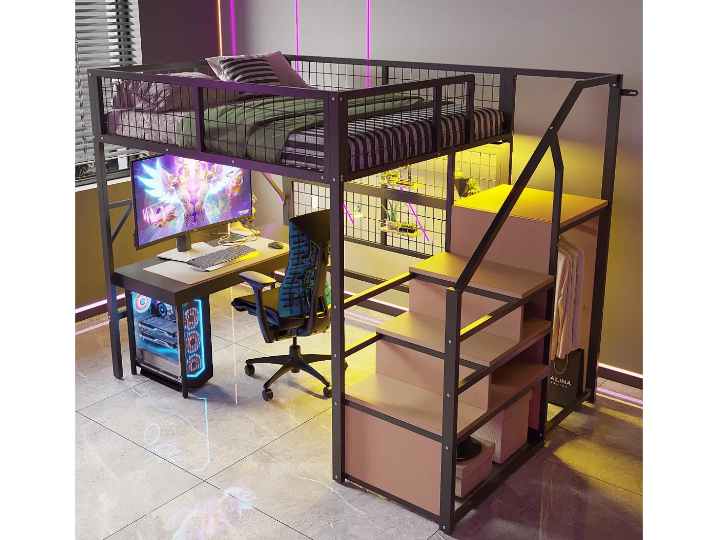 Cama mezzanine 140x200 - com iluminação LED - com escada de armazenamento - com armário aberto - preta (sem colchão)