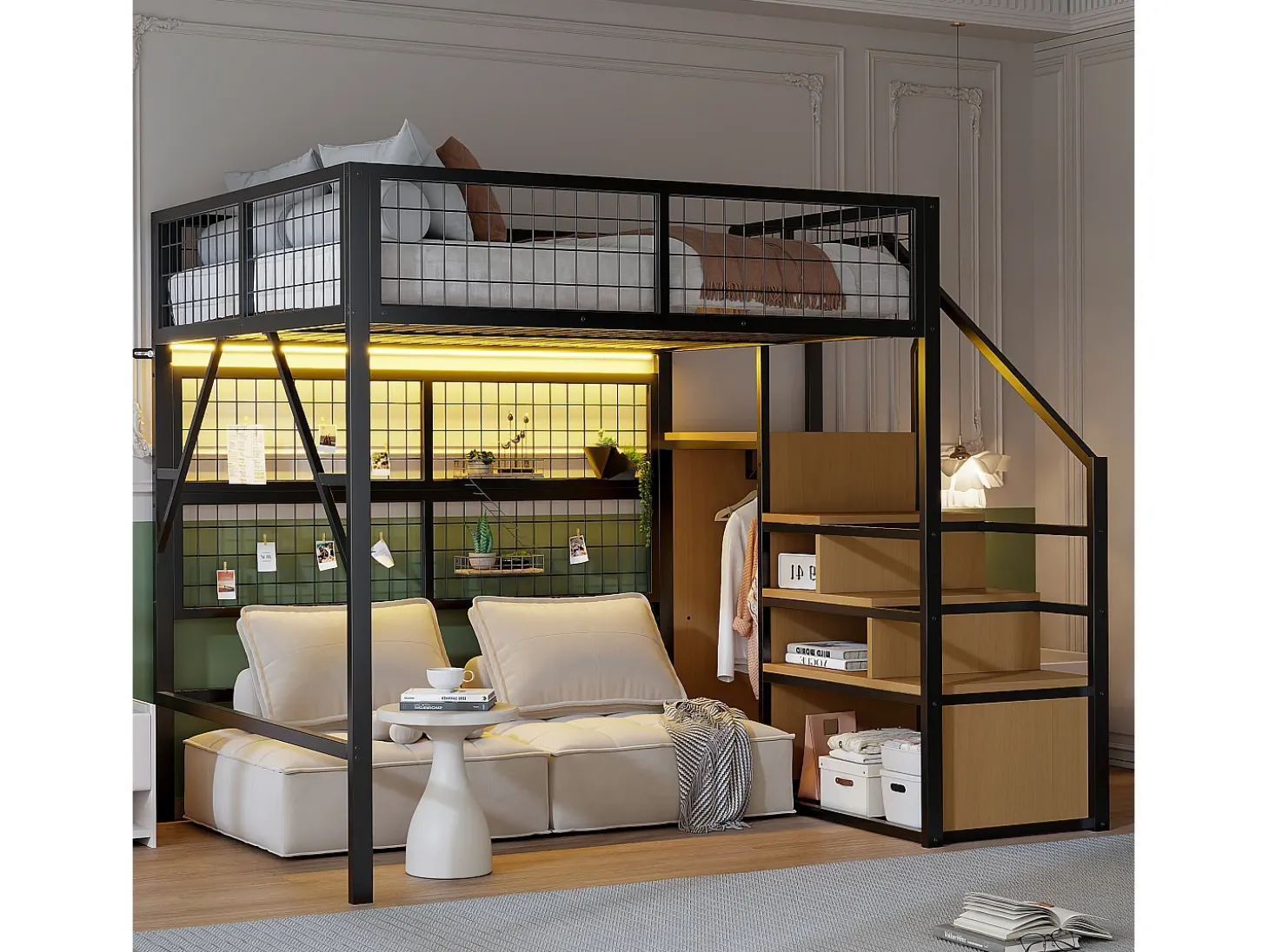 Cama mezzanine 140x200 - com iluminação LED - com escada de armazenamento - com armário aberto - preta (sem colchão)