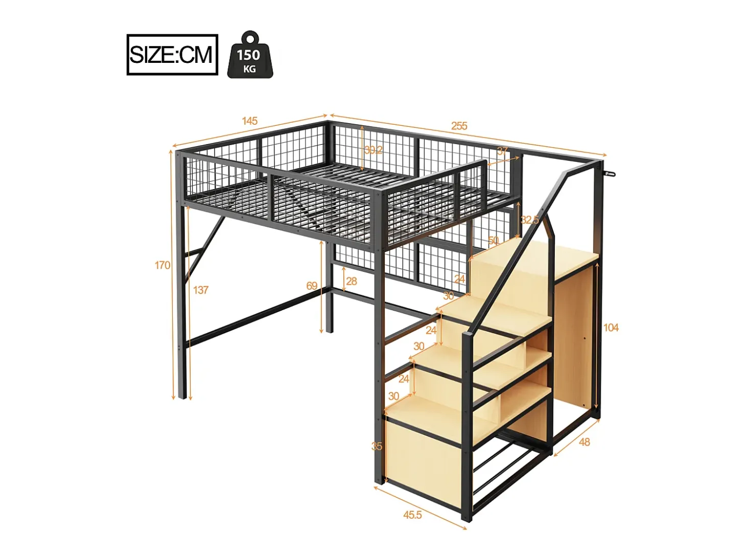 Cama mezzanine 140x200 - com iluminação LED - com escada de armazenamento - com armário aberto - preta (sem colchão)