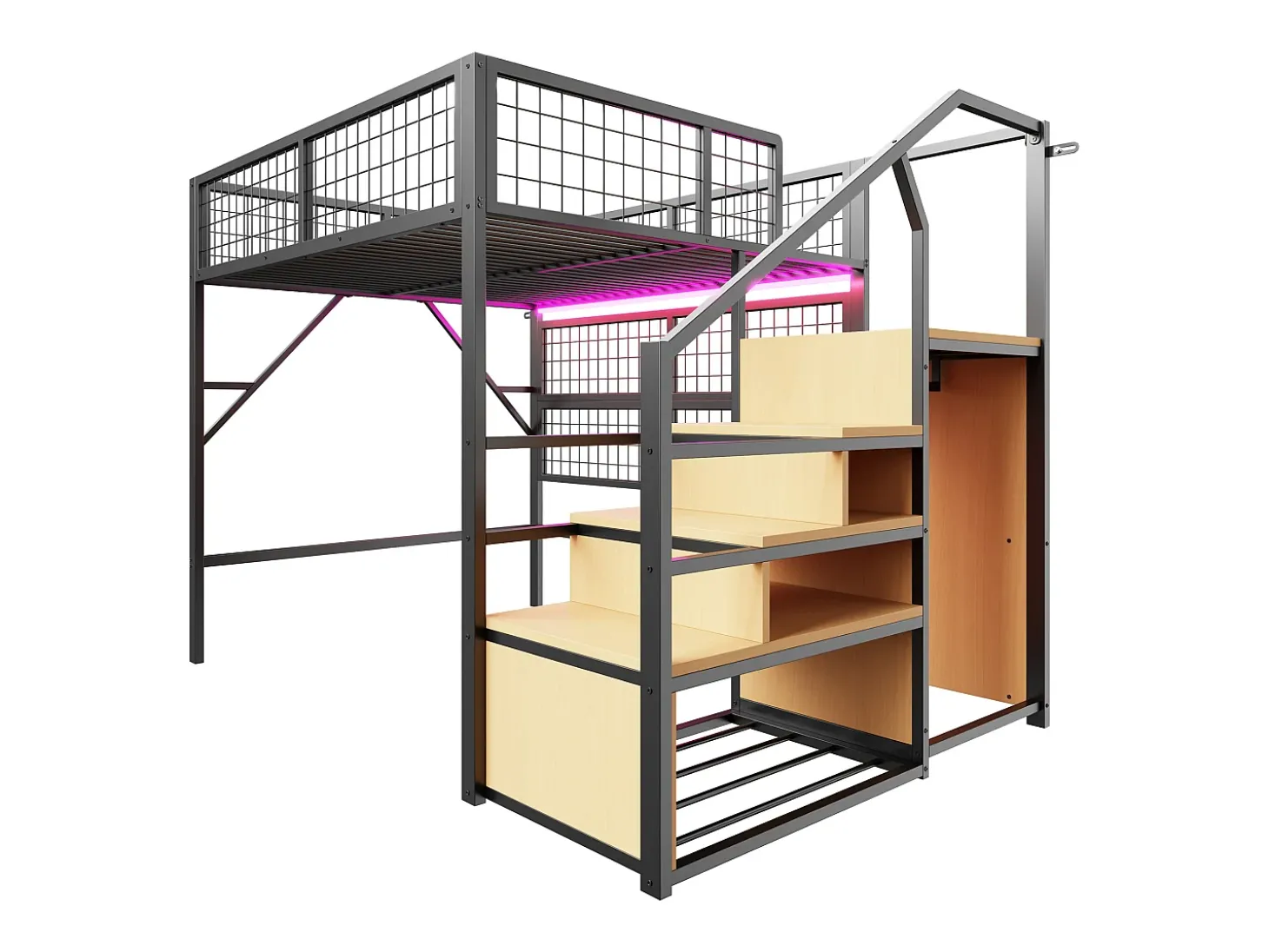 Cama mezzanine 140x200 - com iluminação LED - com escada de armazenamento - com armário aberto - preta (sem colchão)