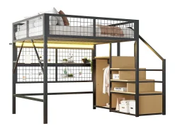 Cama mezzanine 140x200 - com iluminação LED - com escada de armazenamento - com armário aberto - preta (sem colchão)