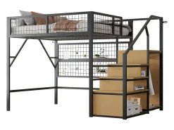 Cama mezzanine 140x200 - com iluminação LED - com escada de armazenamento - com armário aberto - preta (sem colchão)