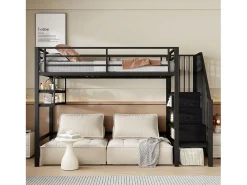 Cama mezzanine 90x200cm - com escada de armazenamento - com barreiras - preta (sem colchão)
