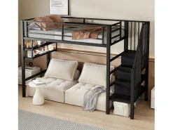 Cama mezzanine 90x200cm - com escada de armazenamento - com barreiras - preta (sem colchão)