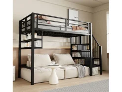 Cama mezzanine 90x200cm - com escada de armazenamento - com barreiras - preta (sem colchão)