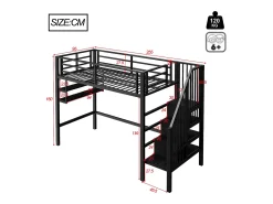 Cama mezzanine 90x200cm - com escada de armazenamento - com barreiras - preta (sem colchão)