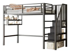 Cama mezzanine 90x200cm - com escada de armazenamento - com barreiras - preta (sem colchão)