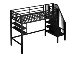 Cama mezzanine 90x200cm - com escada de armazenamento - com barreiras - preta (sem colchão)