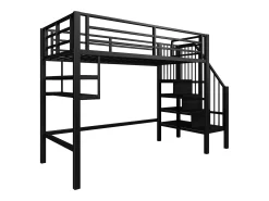 Cama mezzanine 90x200cm - com escada de armazenamento - com barreiras - preta (sem colchão)