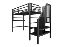 Cama mezzanine 90x200cm - com escada de armazenamento - com barreiras - preta (sem colchão)