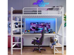 Cama mezzanine 90x200cm - com secretária + corrimão - com portas USB + Type-C - com faixa de luz LED - branca