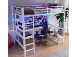 Cama mezzanine 90x200cm - com secretária + corrimão - com portas USB + Type-C - com faixa de luz LED - branca