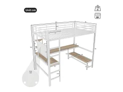 Cama mezzanine 90x200cm - com secretária + corrimão - com portas USB + Type-C - com faixa de luz LED - branca