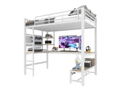 Cama mezzanine 90x200cm - com secretária + corrimão - com portas USB + Type-C - com faixa de luz LED - branca