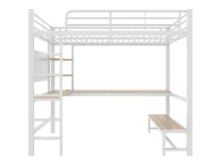 Cama mezzanine 90x200cm - com secretária + corrimão - com portas USB + Type-C - com faixa de luz LED - branca
