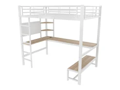 Cama mezzanine 90x200cm - com secretária + corrimão - com portas USB + Type-C - com faixa de luz LED - branca