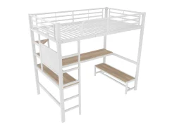Cama mezzanine 90x200cm - com secretária + corrimão - com portas USB + Type-C - com faixa de luz LED - branca