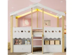 Cama montanha 90x200 cm - Cama infantil com 2 gavetas e prateleiras, iluminação LED - branco + natural - Colchão não incluído