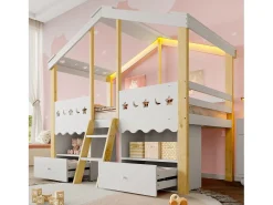 Cama montanha 90x200 cm - Cama infantil com 2 gavetas e prateleiras, iluminação LED - branco + natural - Colchão não incluído