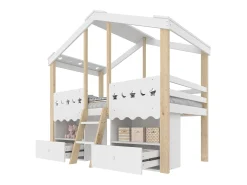 Cama montanha 90x200 cm - Cama infantil com 2 gavetas e prateleiras, iluminação LED - branco + natural - Colchão não incluído