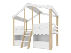 Cama montanha 90x200 cm - Cama infantil com 2 gavetas e prateleiras, iluminação LED - branco + natural - Colchão não incluído