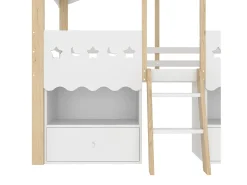 Cama montanha 90x200 cm - Cama infantil com 2 gavetas e prateleiras, iluminação LED - branco + natural - Colchão não incluído