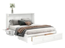 Cama multifunções retrátil 140x200cm em madeira maciça - com gaveta e suporte na cabeceira - Branco