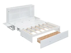 Cama multifunções retrátil 140x200cm em madeira maciça - com gaveta e suporte na cabeceira - Branco