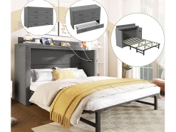 Cama Murphy 140 x 200 cm - 1 gaveta - Compartimento de armazenamento - Portas USB e Type-C - Cinza (colchão não incluído)