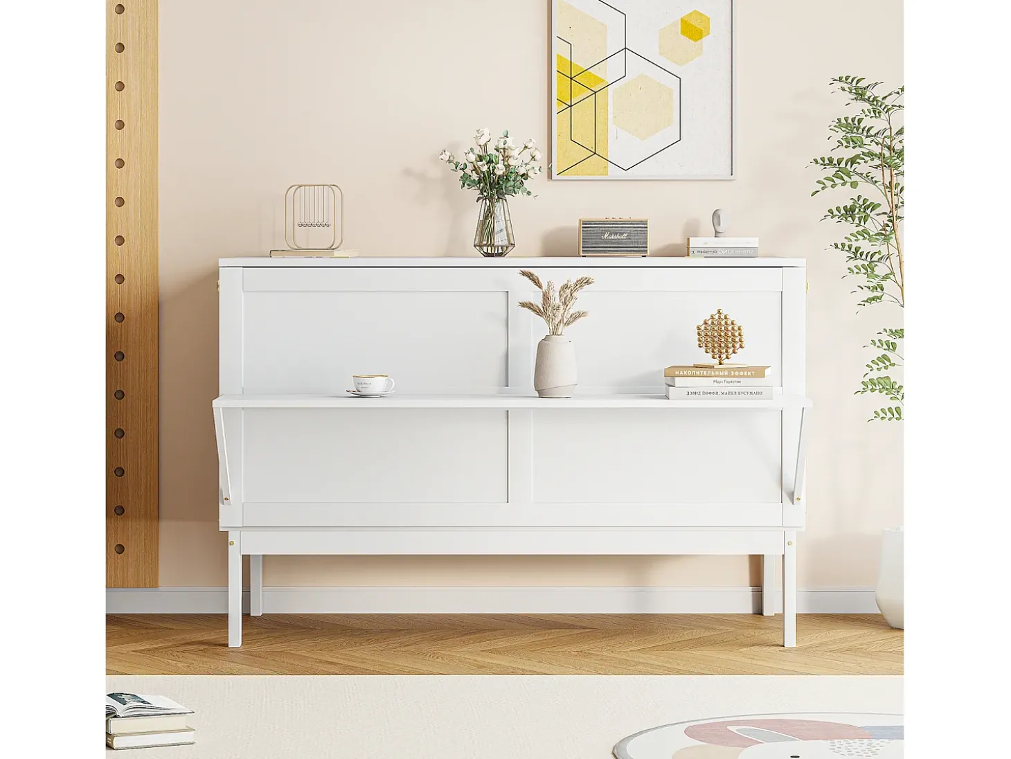 Cama Murphy de parede 140x200 cm com estrado de ripas, cama dobrável vertical para jovens - Branca