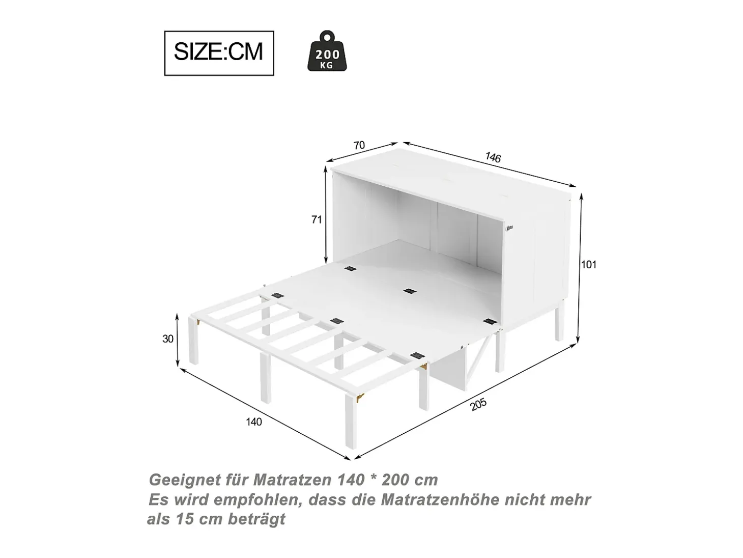 Cama Murphy de parede 140x200 cm com estrado de ripas, cama dobrável vertical para jovens - Branca