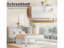 Cama Murphy de parede 140x200 cm com estrado de ripas, cama dobrável vertical para jovens - Branca