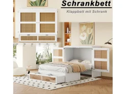 Cama Murphy Juvenil - 140 x 200 cm - Cama dobrável de parede com gavetas de armazenamento - Pinho + compensado + MDF - branco
