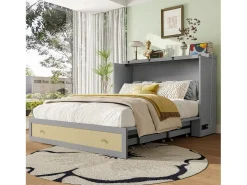 Cama Móvel Murphy - 140 x 200 cm - com 6 gavetas + cabeceira + USB - MDF - cinza