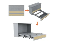 Cama Móvel Murphy - 140 x 200 cm - com 6 gavetas + cabeceira + USB - MDF - cinza