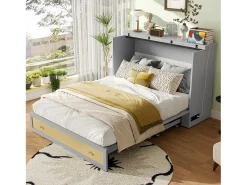 Cama Móvel Murphy - 140 x 200 cm - com 6 gavetas + cabeceira + USB - MDF - cinza
