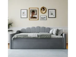 Cama nido 140×200 cm - com fita de LED - com base de ripas - MDF+linho - cinza